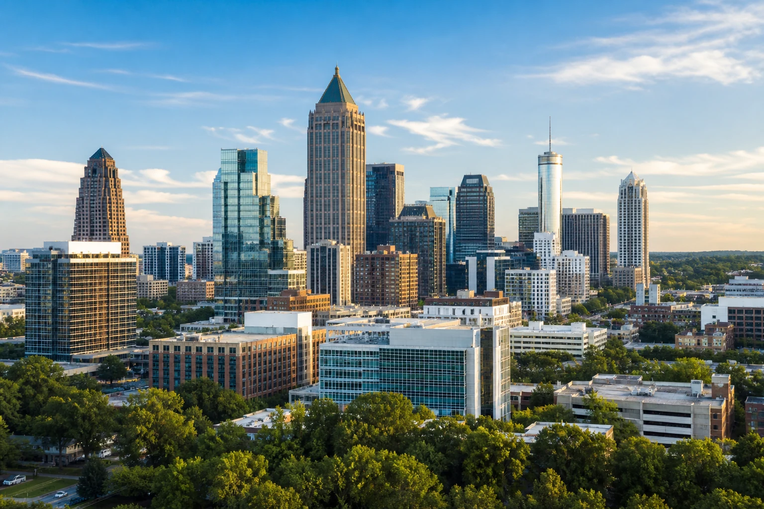 Atlanta skyline and tree-lined business district