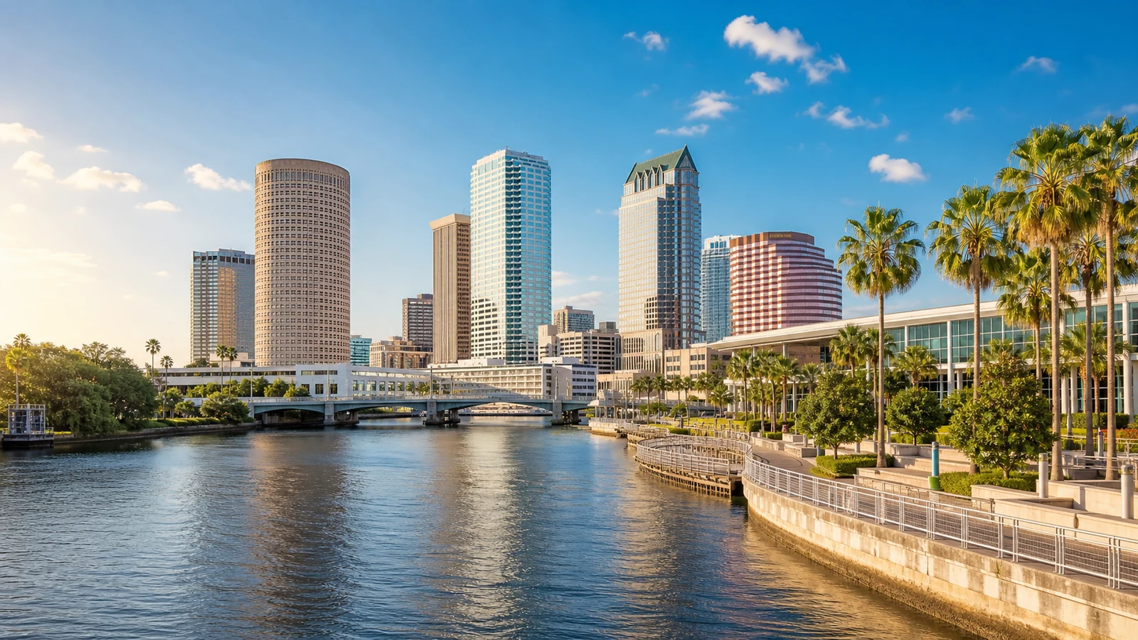 Downtown Tampa skyline and Riverwalk viewed across the Hillsborough River